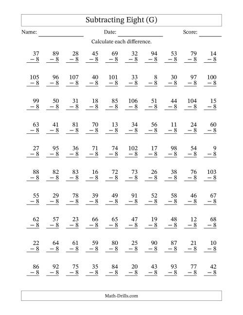 The Subtracting Eight With Differences from 0 to 99 – 100 Questions (G) Math Worksheet