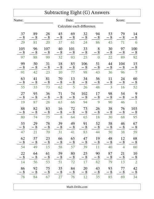 The Subtracting Eight With Differences from 0 to 99 – 100 Questions (G) Math Worksheet Page 2