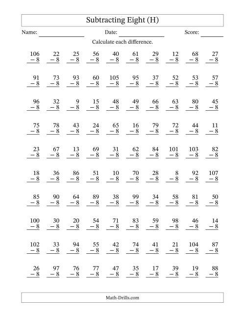 The Subtracting Eight With Differences from 0 to 99 – 100 Questions (H) Math Worksheet