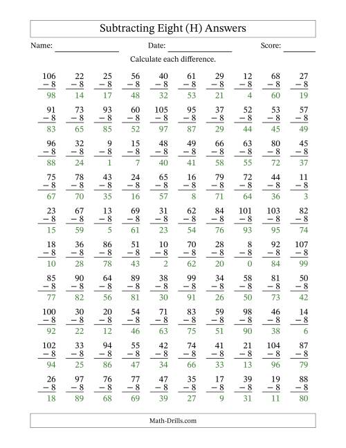 The Subtracting Eight With Differences from 0 to 99 – 100 Questions (H) Math Worksheet Page 2