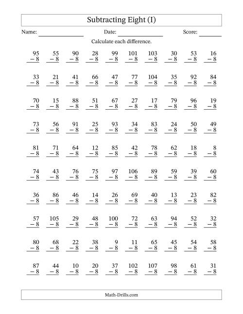 The Subtracting Eight With Differences from 0 to 99 – 100 Questions (I) Math Worksheet