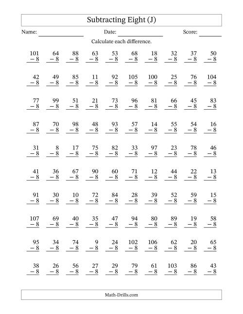 The Subtracting Eight With Differences from 0 to 99 – 100 Questions (J) Math Worksheet