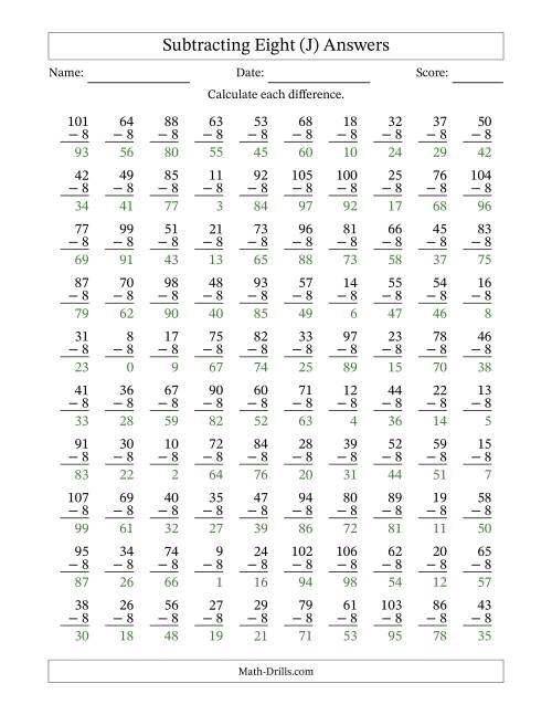 The Subtracting Eight With Differences from 0 to 99 – 100 Questions (J) Math Worksheet Page 2