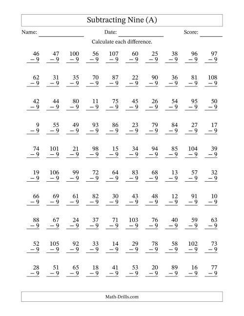 The Subtracting Nine (9) with Differences 0 to 99 (100 Questions) (A) Math Worksheet