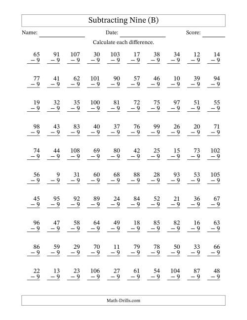 The Subtracting Nine (9) with Differences 0 to 99 (100 Questions) (B) Math Worksheet