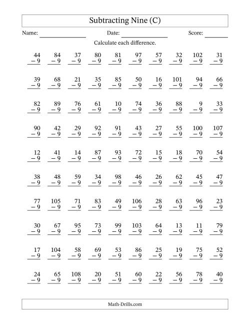 The Subtracting Nine (9) with Differences 0 to 99 (100 Questions) (C) Math Worksheet