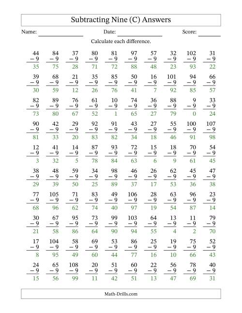 The Subtracting Nine (9) with Differences 0 to 99 (100 Questions) (C) Math Worksheet Page 2