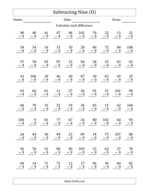 The Subtracting Nine (9) with Differences 0 to 99 (100 Questions) (D) Math Worksheet