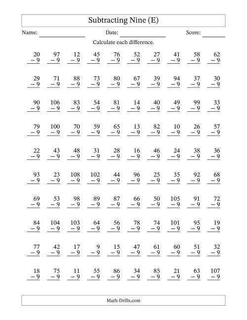 The Subtracting Nine (9) with Differences 0 to 99 (100 Questions) (E) Math Worksheet