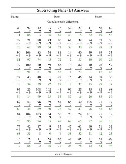 The Subtracting Nine (9) with Differences 0 to 99 (100 Questions) (E) Math Worksheet Page 2