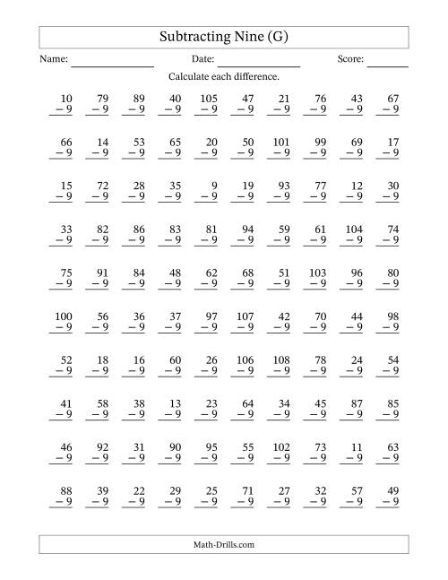 The Subtracting Nine (9) with Differences 0 to 99 (100 Questions) (G) Math Worksheet