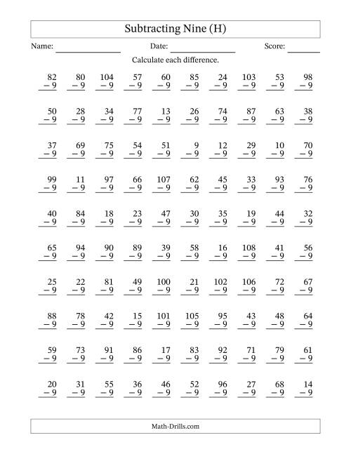 The Subtracting Nine (9) with Differences 0 to 99 (100 Questions) (H) Math Worksheet