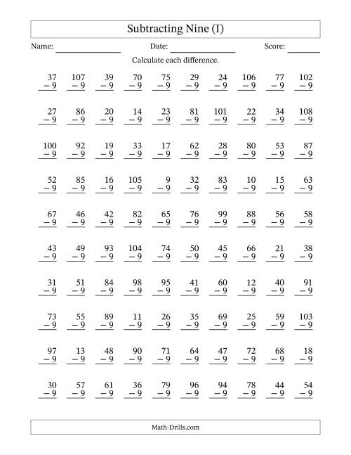 The Subtracting Nine (9) with Differences 0 to 99 (100 Questions) (I) Math Worksheet