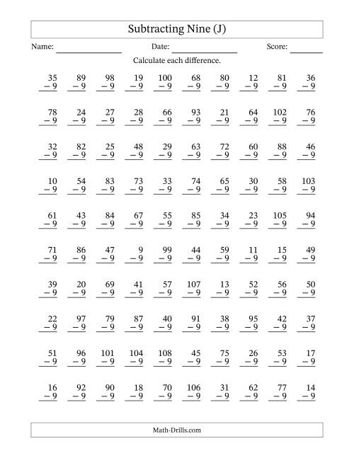 The Subtracting Nine (9) with Differences 0 to 99 (100 Questions) (J) Math Worksheet