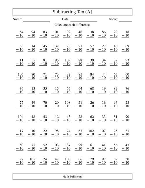 The Subtracting Ten With Differences from 0 to 99 – 100 Questions (A) Math Worksheet