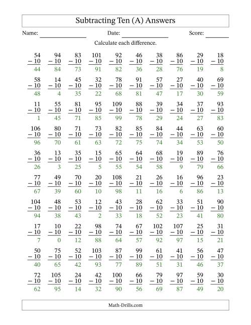 The Subtracting Ten With Differences from 0 to 99 – 100 Questions (A) Math Worksheet Page 2