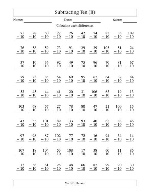 The Subtracting Ten With Differences from 0 to 99 – 100 Questions (B) Math Worksheet