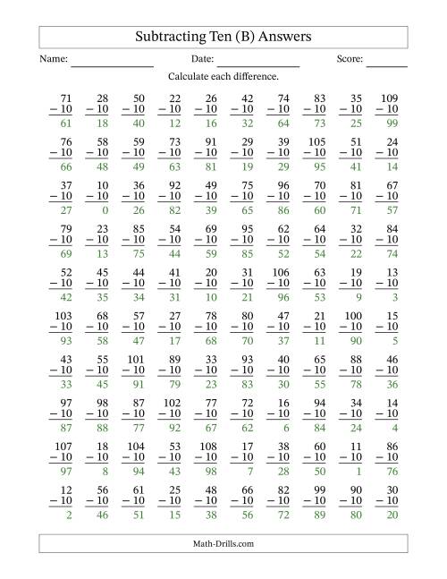 The Subtracting Ten With Differences from 0 to 99 – 100 Questions (B) Math Worksheet Page 2