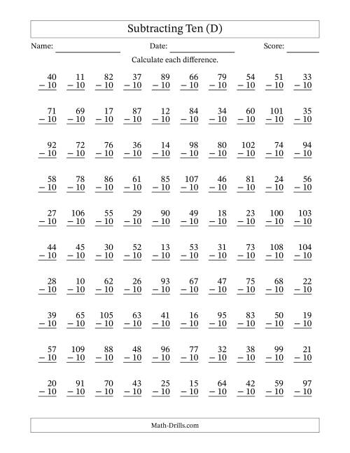 The Subtracting Ten With Differences from 0 to 99 – 100 Questions (D) Math Worksheet