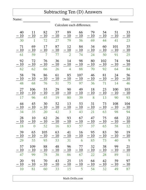 The Subtracting Ten With Differences from 0 to 99 – 100 Questions (D) Math Worksheet Page 2