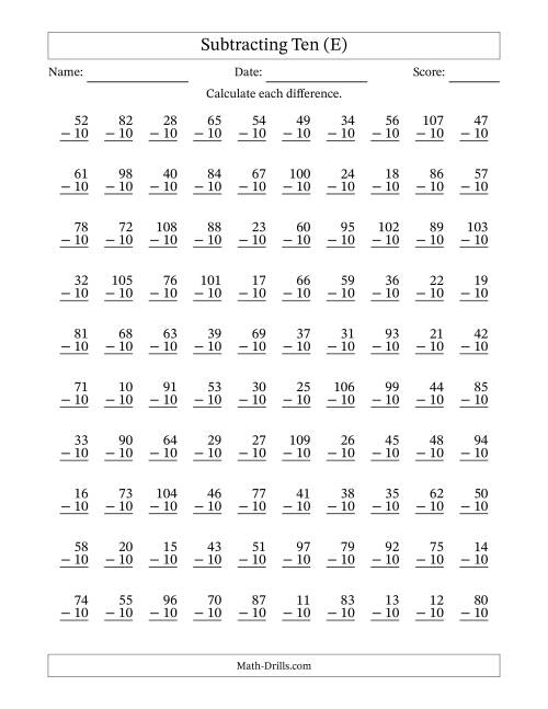 The Subtracting Ten With Differences from 0 to 99 – 100 Questions (E) Math Worksheet