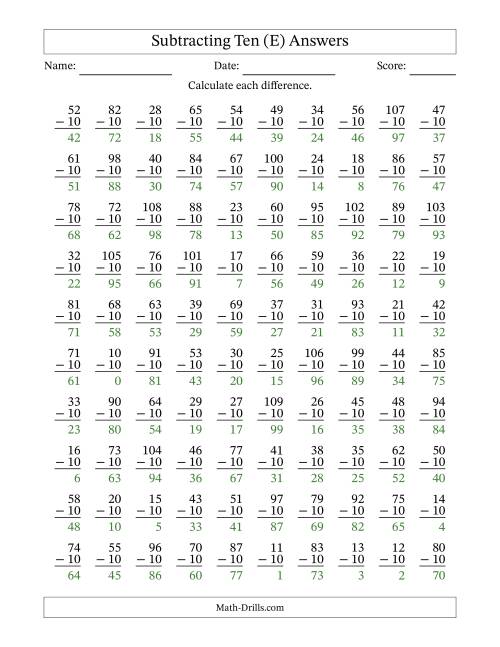 The Subtracting Ten With Differences from 0 to 99 – 100 Questions (E) Math Worksheet Page 2