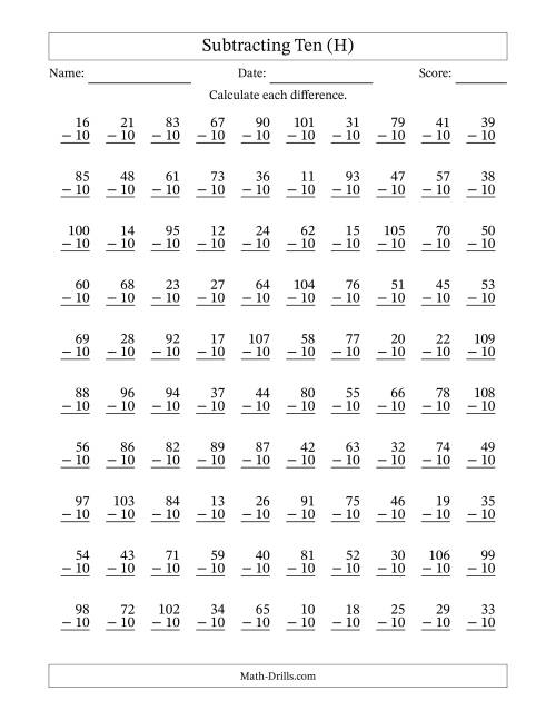 The Subtracting Ten With Differences from 0 to 99 – 100 Questions (H) Math Worksheet