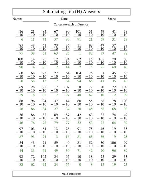 The Subtracting Ten With Differences from 0 to 99 – 100 Questions (H) Math Worksheet Page 2