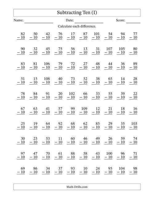 The Subtracting Ten With Differences from 0 to 99 – 100 Questions (I) Math Worksheet
