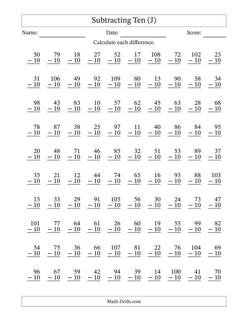 The Subtracting Ten With Differences from 0 to 99 – 100 Questions (J) Math Worksheet