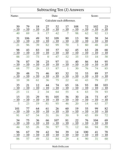 The Subtracting Ten With Differences from 0 to 99 – 100 Questions (J) Math Worksheet Page 2