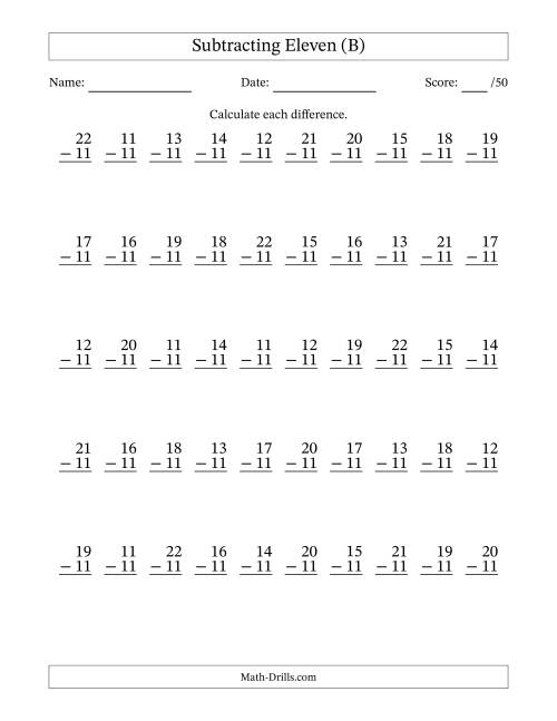 The Subtracting Eleven (11) with Differences 0 to 11 (50 Questions) (B) Math Worksheet