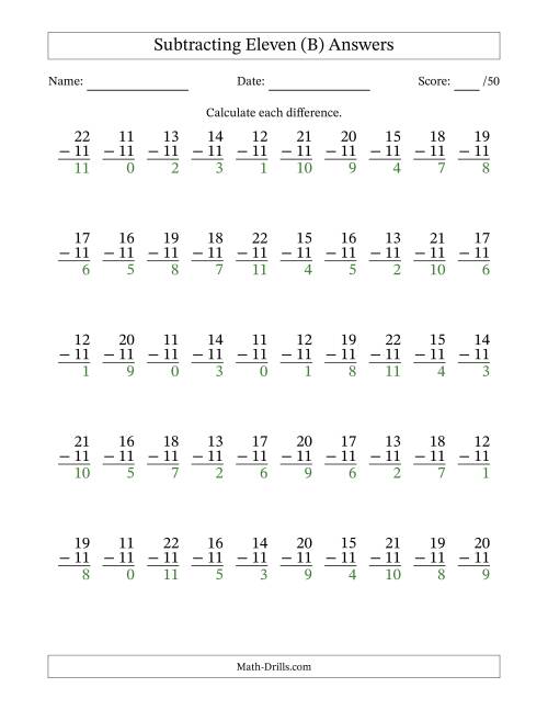 The Subtracting Eleven With Differences from 0 to 11 – 50 Questions (B) Math Worksheet Page 2