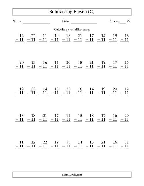 The Subtracting Eleven With Differences from 0 to 11 – 50 Questions (C) Math Worksheet