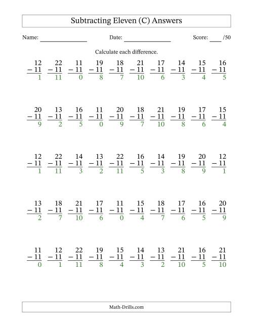 The Subtracting Eleven (11) with Differences 0 to 11 (50 Questions) (C) Math Worksheet Page 2