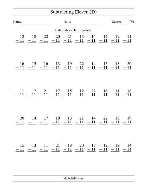 The Subtracting Eleven (11) with Differences 0 to 11 (50 Questions) (D) Math Worksheet