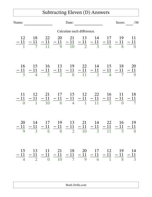 The Subtracting Eleven With Differences from 0 to 11 – 50 Questions (D) Math Worksheet Page 2