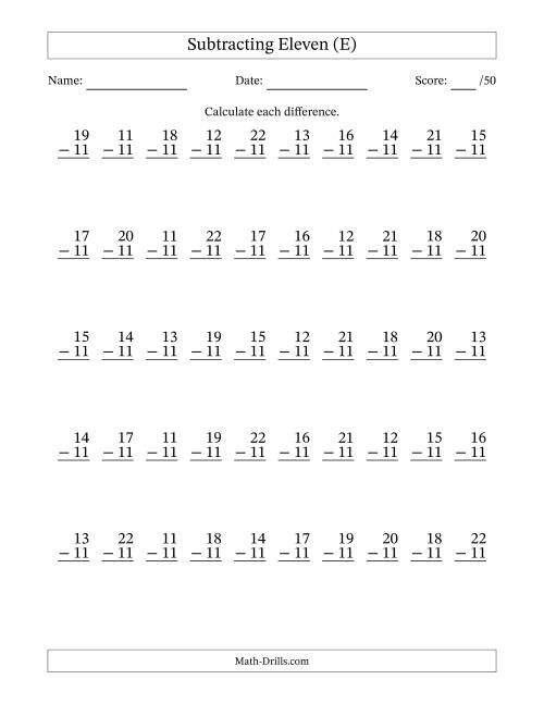 The Subtracting Eleven (11) with Differences 0 to 11 (50 Questions) (E) Math Worksheet