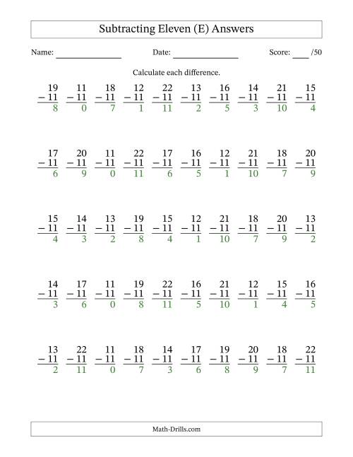The Subtracting Eleven With Differences from 0 to 11 – 50 Questions (E) Math Worksheet Page 2