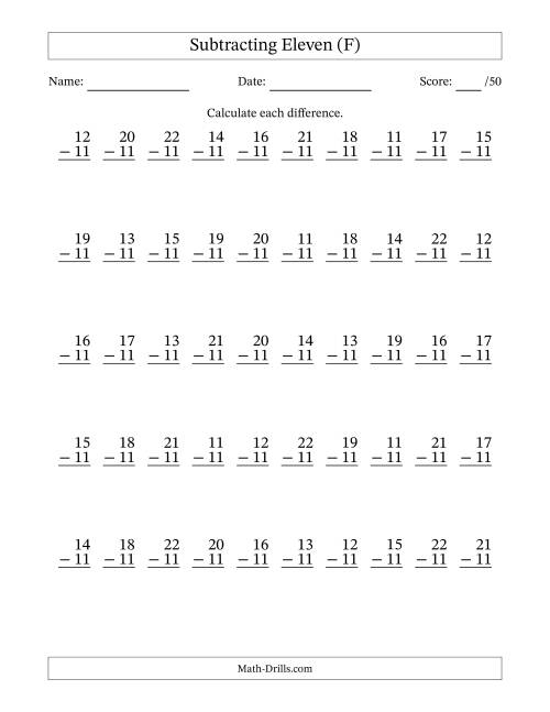The Subtracting Eleven (11) with Differences 0 to 11 (50 Questions) (F) Math Worksheet