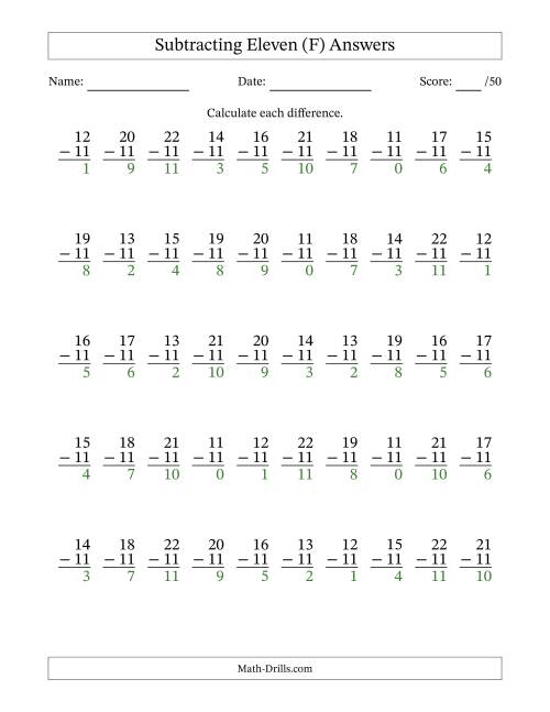 The Subtracting Eleven With Differences from 0 to 11 – 50 Questions (F) Math Worksheet Page 2