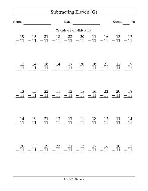 The Subtracting Eleven With Differences from 0 to 11 – 50 Questions (G) Math Worksheet