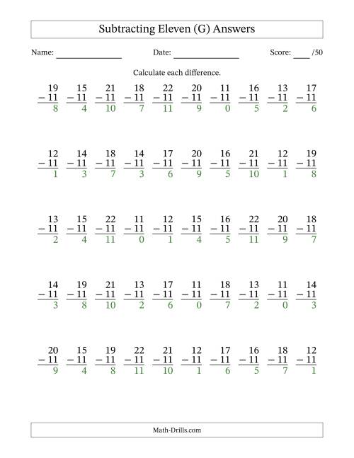 The Subtracting Eleven With Differences from 0 to 11 – 50 Questions (G) Math Worksheet Page 2