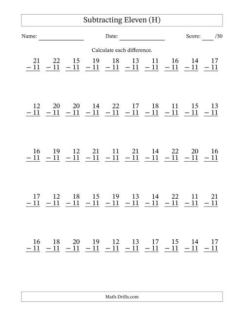 The Subtracting Eleven (11) with Differences 0 to 11 (50 Questions) (H) Math Worksheet