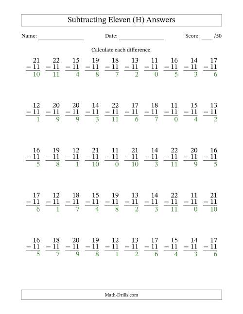 The Subtracting Eleven With Differences from 0 to 11 – 50 Questions (H) Math Worksheet Page 2