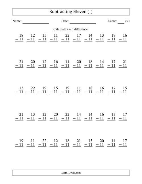 The Subtracting Eleven (11) with Differences 0 to 11 (50 Questions) (I) Math Worksheet