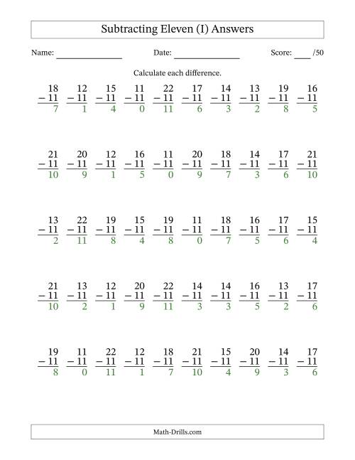 The Subtracting Eleven With Differences from 0 to 11 – 50 Questions (I) Math Worksheet Page 2