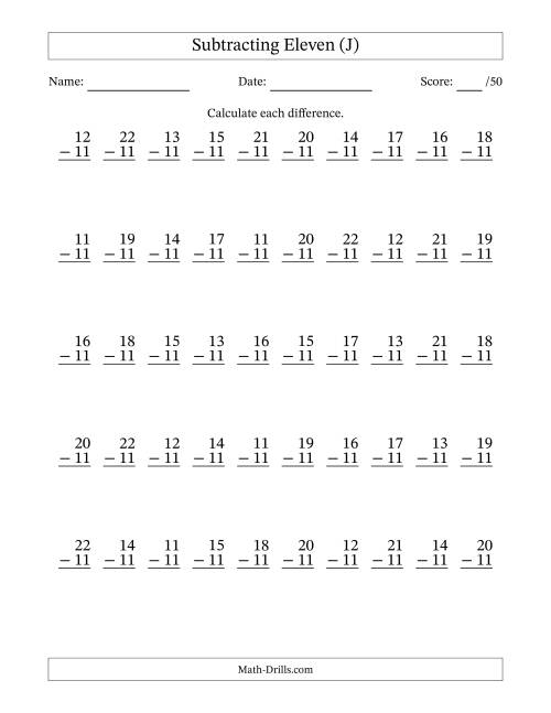 The Subtracting Eleven (11) with Differences 0 to 11 (50 Questions) (J) Math Worksheet