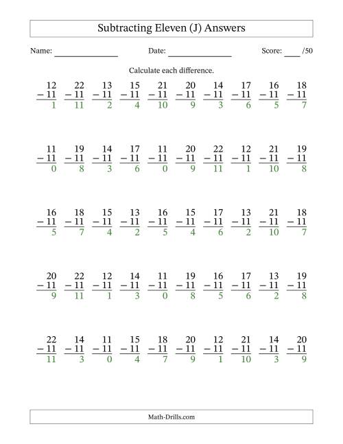 The Subtracting Eleven (11) with Differences 0 to 11 (50 Questions) (J) Math Worksheet Page 2
