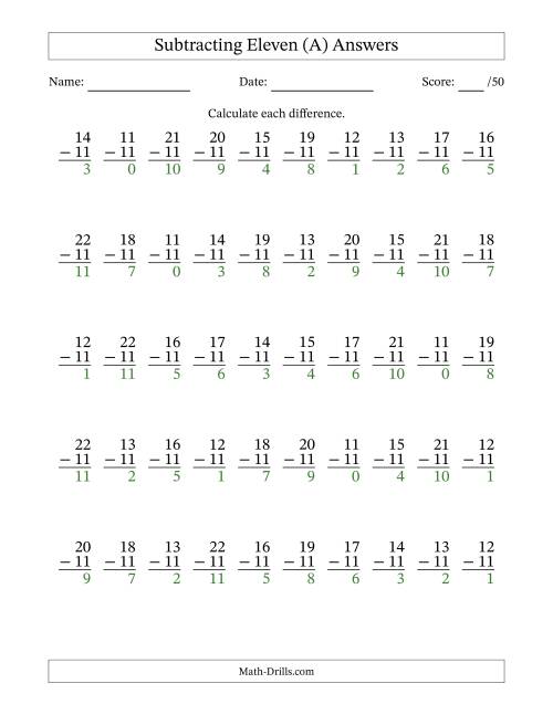 The Subtracting Eleven (11) with Differences 0 to 11 (50 Questions) (All) Math Worksheet Page 2
